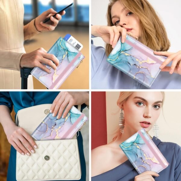Passport Holder Cover with Zipper Coin Pocket Travel Wallet RFID Blocking Leather Passport Cover Credit Card Holder for Women, Gradient Marble - Image 7