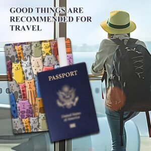 Passport Holder for Travel Essentials, RFID Premium Leather Passport Wallet Cover Case for Travel Must Haves Accessories, Passport Book Holders for Women Men Cute Colorful Cats
