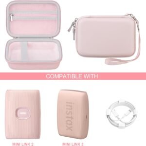 Hard Carrying Case for Fujifilm Instax Mini Link 3/2 Smartphone Printer, Travel Storage Case with Mesh Pocket for USB Cable, Instax Mini Film, Pink