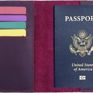 RFID Blocking Passport Holder Travel Wallet Genuine Leather Passport Case Cover Travel Document Organizer (Retro Red)