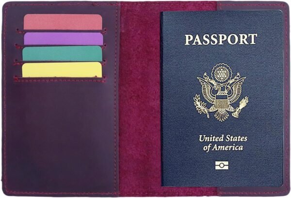 RFID Blocking Passport Holder Travel Wallet Genuine Leather Passport Case Cover Travel Document Organizer (Retro Red) - Image 2