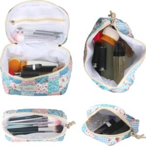 VIWIME Makeup Cosmetic Bag, Large Cotton Quilted Travel Coquette Aesthetic Cute Floral Make up Bag for Women Toiletry Bag Organizer(Grid Rose/4Pcs)