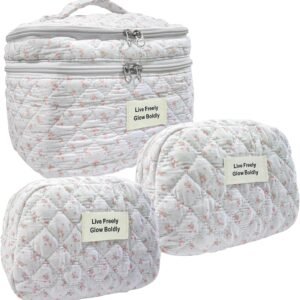 3Pcs Large Travel Quilted Makeup Bag, Double Layer Cute Floral Cotton Toiletry Bag, Aesthetic Flower Cosmetic Bag Coquette Skincare Organizer Bag for Wome (74-PinkFloral)
