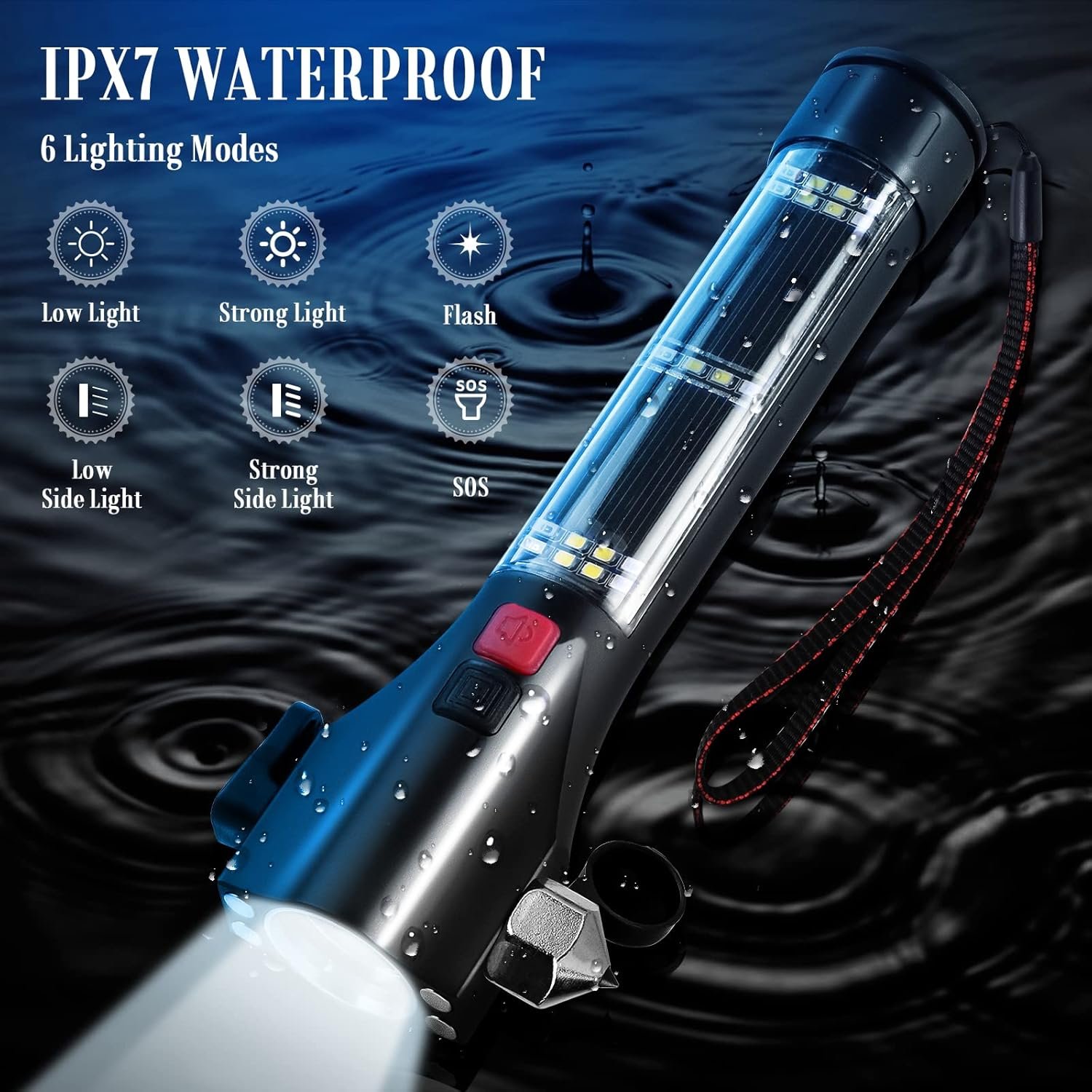 Solar Powered Car Safety Hammer Flashlight with Seatbelt Cutter, LED High Lumens, Red and Blue SOS Flashing, USB Charging, Magnetic Attraction, Portable Design - Image 4