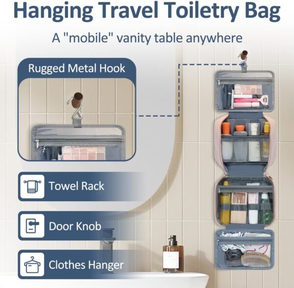 Travel Toiletry Bag for Women with Hanging Hook, Waterproof TSA Approved Cometic Toiletry Bag Organizers Leakproof Make up Bags for Women Pink - Image 2