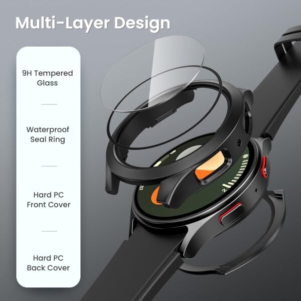 Goton [2 in 1] Waterproof Case for Samsung Galaxy Watch 7 6 5 4 FE 44mm 40mm, 360° Protective Hard PC Front & Back Bumper with Tempered Glass Screen Protector for Galaxy Watch Cover 7 40mm Black - Image 6