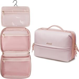 LOVEVOOK Travel Toiletry Bag With Hanging Hook for Women, Puffy Cosmetic Makeup Bag Organizer with Vegan Leather Handle for Accessories, Essentials, Toiletries, Pink