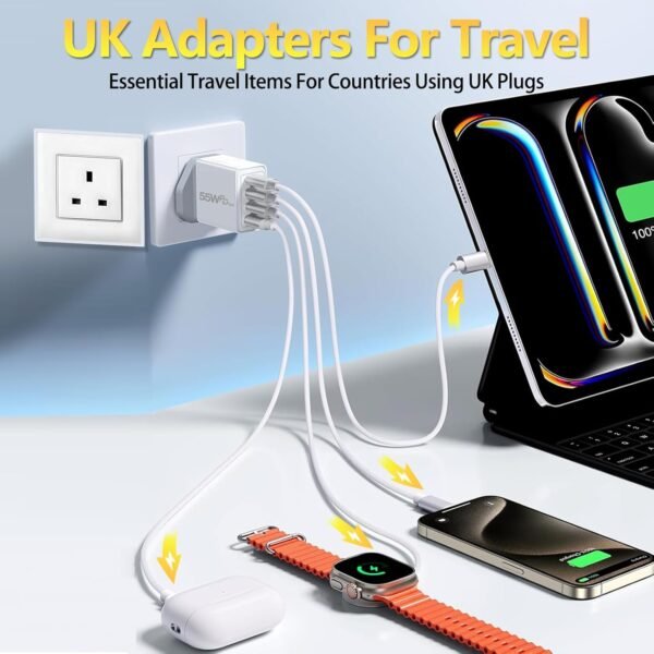 UK Travel Plug Adapter, Type G Plug Adapter 55W 4 Port UK USB C Charger Fast Charging Block UK Ireland Plug Charger for iPhone 16 15 14 13 12 11 Pro Max XS X 8, Galaxy, Pixel, Android - Image 2