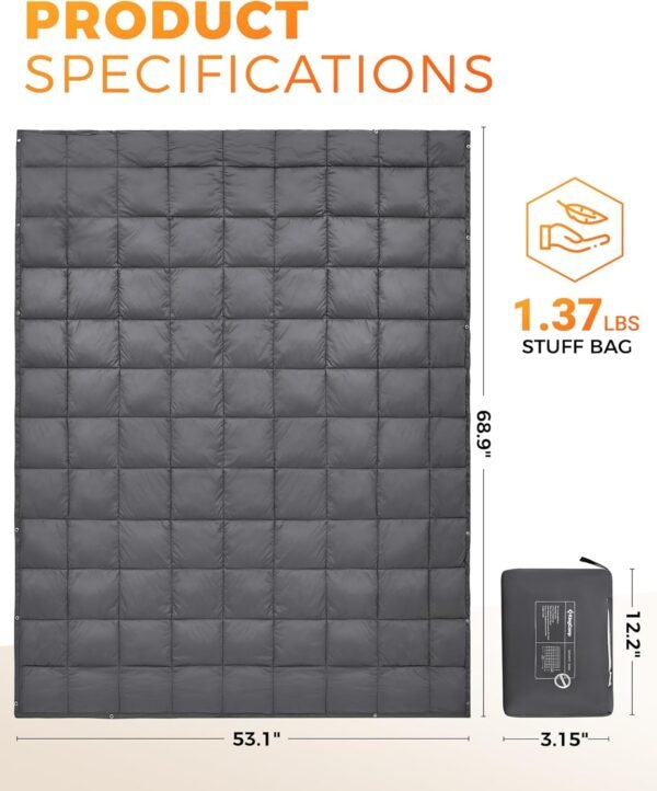 KingCamp Ultralight Camping Blanket, Packable Down Alternative Puffy Wearable Blankets Weatherproof Warm Package Quilt with Snap Buttons for Outdoor Hiking Travel Picnic Stadium (69" x 53", Charcoal) - Image 2