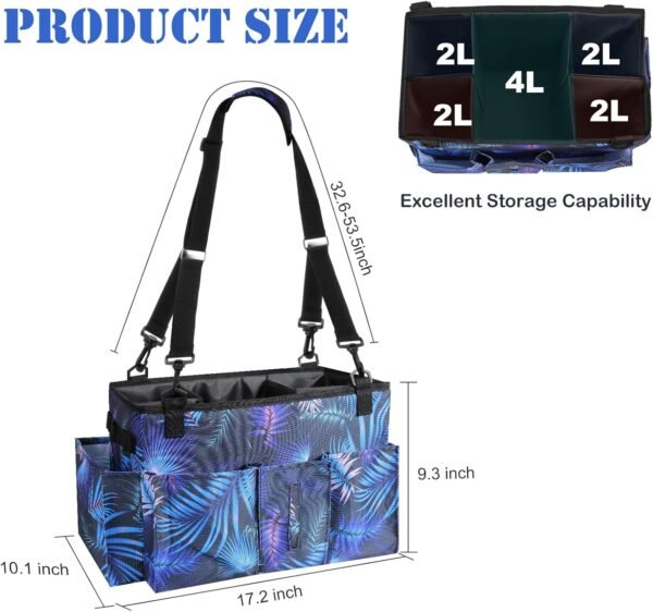 Wearable Cleaning Caddy Bag with Handle, Multi-functional Cleaning Supplies Caddy Organizer with Handle and Shoulder Strap for Car Wash, Gardening Tools, Painting/Picnic Items, Beach (Blue Leaves) - Image 6