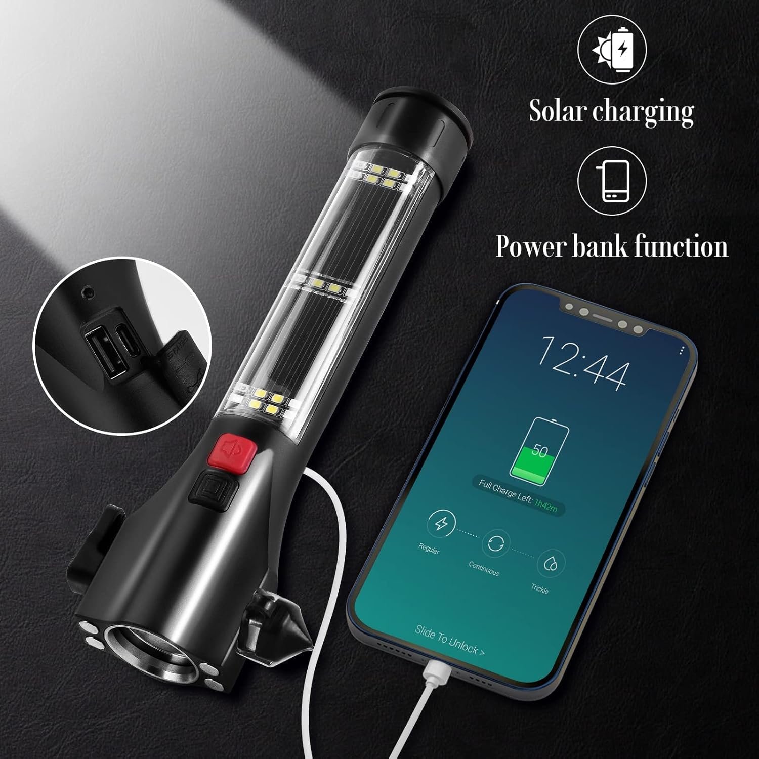 Solar Powered Car Safety Hammer Flashlight with Seatbelt Cutter, LED High Lumens, Red and Blue SOS Flashing, USB Charging, Magnetic Attraction, Portable Design - Image 3