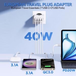 European Travel Plug Adapter, 40W 4 Port USB C European Charger PD 20W QC 3.0 Europe USB C Charger Block US to Europe Plug Adapter for iPhone 16 15 14 13 12 11 Plus Pro Max XS X 8, Galaxy, Android