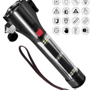 Solar Powered Car Safety Hammer Flashlight with Seatbelt Cutter, LED High Lumens, Red and Blue SOS Flashing, USB Charging, Magnetic Attraction, Portable Design
