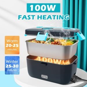 Electric-Lunch-Box-Heated-Food-Warmer 100W Heating Lunchbox for Adults 1.8L Portable Food Heater for Work/Car, 12V/24V/110-230V Lonchera Eléctrica Portátil with Fork Spoon (Gray+Blue)
