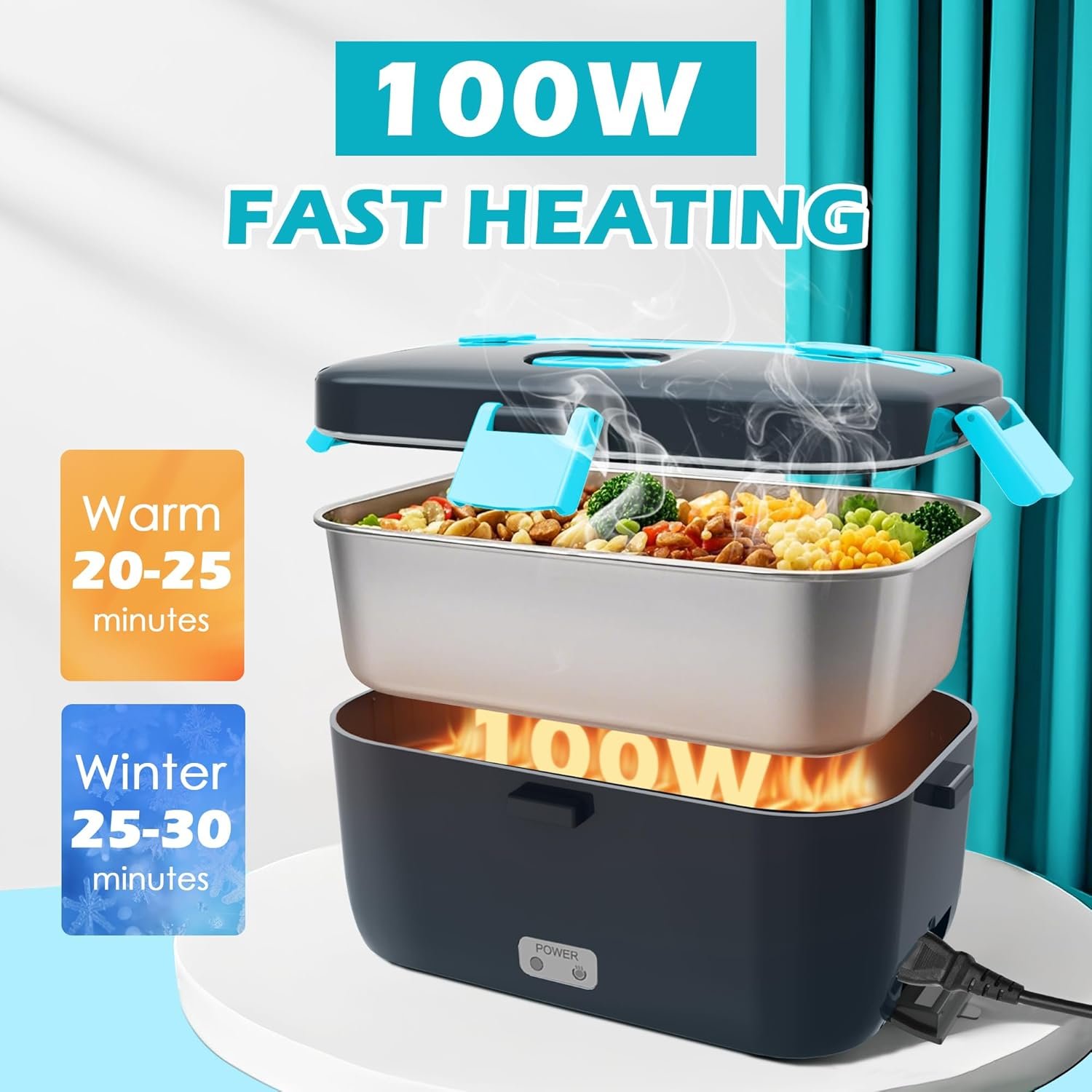 Electric-Lunch-Box-Heated-Food-Warmer 100W Heating Lunchbox for Adults 1.8L Portable Food Heater for Work/Car, 12V/24V/110-230V Lonchera Eléctrica Portátil with Fork Spoon (Gray+Blue) - Image 2