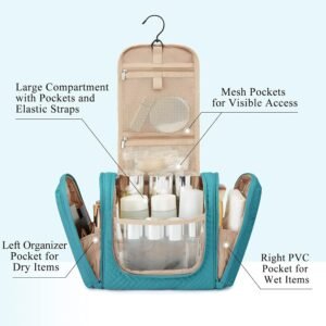 BAGSMART Large Travel Toiletry Bag for Women, Hanging Toiletry Bag with Hook, Travel Cosmetic Makeup Bag Travel Organizer for Accessories, Shampoo, Full Sized Container, Toiletries,Blue-Large
