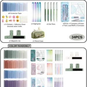 34 PCS Pencil Case Set with Large Capacity, 4-Compartment Pouch, Portable Soft Canvas, Highlighter Pens, Correction Tape, Clip, Compass Set, Easy Wash, Elegant Aesthetic Study Essentials (green)