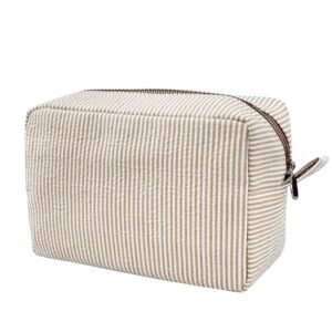 GFU Cosmetic Bags for Women, Seersucker Cosmetic Bag, Travel Toiletry Stripe Makeup Bag, Large Women Aesthetic Organizer Storage Pouch, Girls Handbags Purses, brown