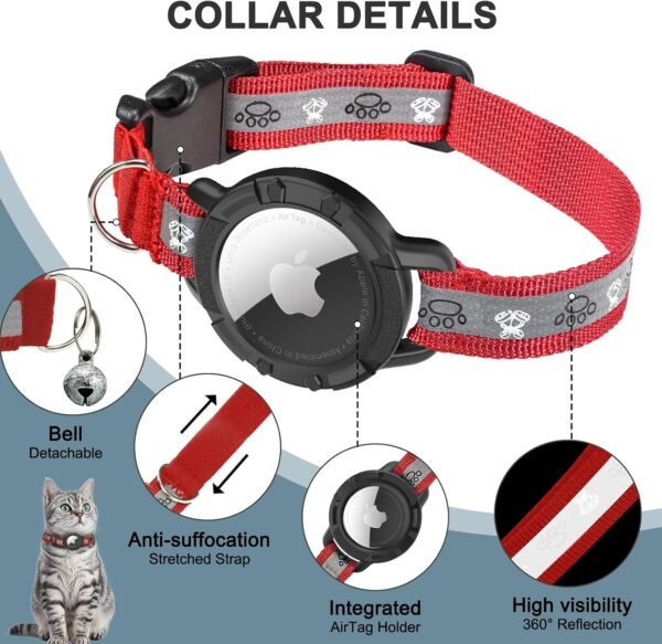 Reflective AirTag Cat Collar, Integrated Cat Tracker Collar with Air Tag Holder and Bell, Safety Elastic Band Cat GPS Collars for Girl Boy Cats, Kittens and Puppies (Red, S) - Image 5