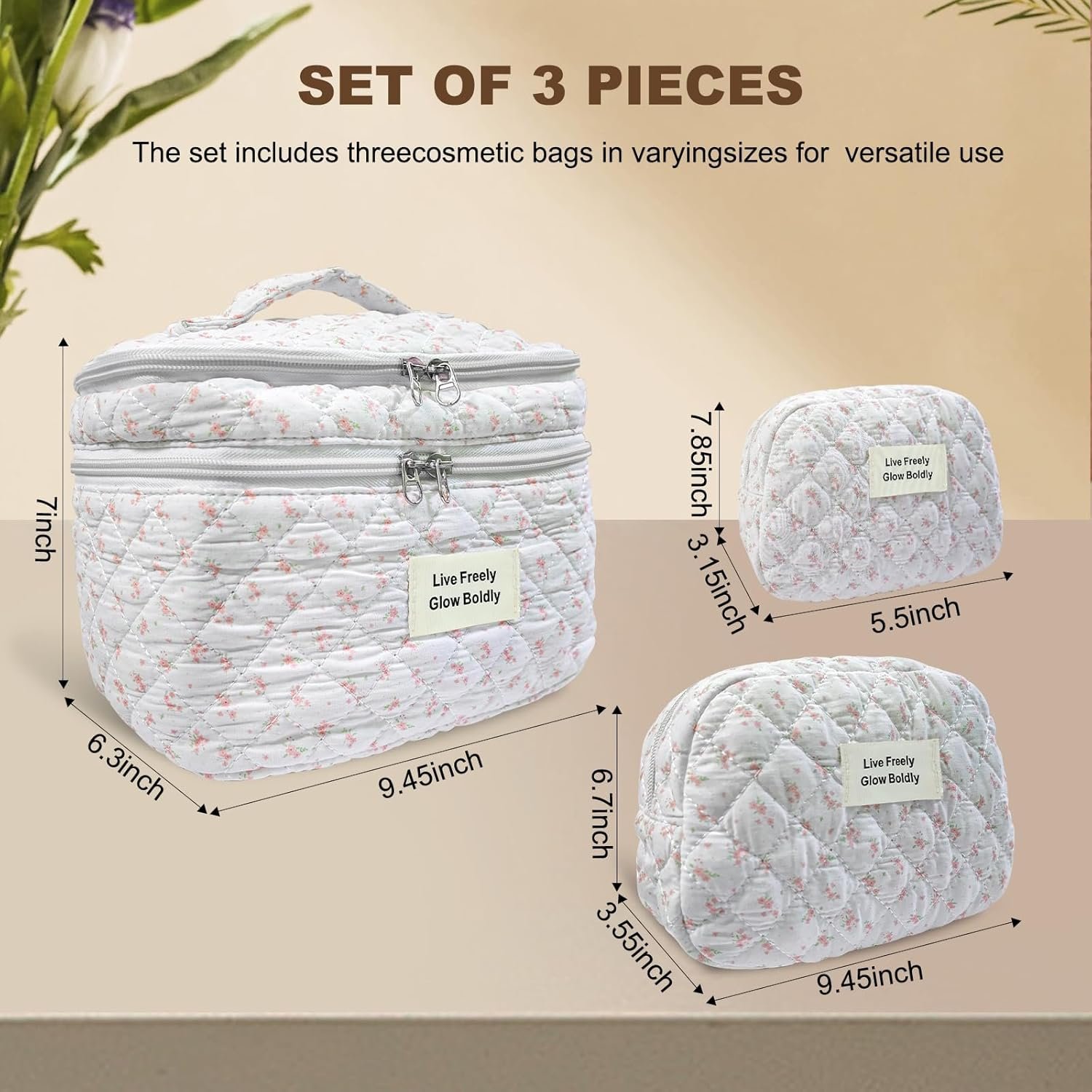 3Pcs Large Travel Quilted Makeup Bag, Double Layer Cute Floral Cotton Toiletry Bag, Aesthetic Flower Cosmetic Bag Coquette Skincare Organizer Bag for Wome (74-PinkFloral) - Image 3