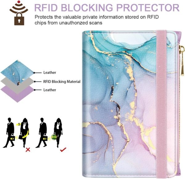 Passport Holder Cover with Zipper Coin Pocket Travel Wallet RFID Blocking Leather Passport Cover Credit Card Holder for Women, Gradient Marble - Image 4