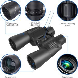 Zoom 10-24×50 Binoculars for Adults With Smartphone Adapter – Compact Waterproof for Bird Watching, Hunting, Travel, Football Games, Stargazing – Carrying Case and Strap Included
