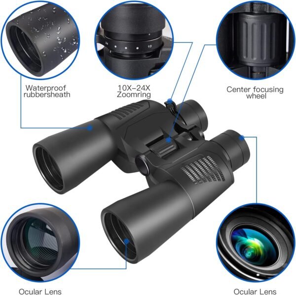 Zoom 10-24x50 Binoculars for Adults With Smartphone Adapter - Compact Waterproof for Bird Watching, Hunting, Travel, Football Games, Stargazing - Carrying Case and Strap Included - Image 2