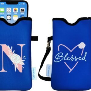 Tainada Neoprene Phone Sleeve Cell Pouch Case Bag w/Personalized Initial (Limited Popular Letters Available) for Women w/Crossbody Strap/Neck Lanyard for Most of Smartphones (Letter N Blue)