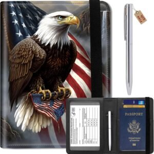 Passport Wallets and Vaccine Card Holder Slot,RFID Blocking Leather Passport Holder Book Cover Case with CDC Vaccination Card Slot,Travel Documents Organizer Protector+Metal Pen,Eagle and US Flag