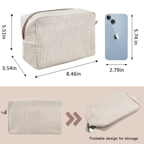 GFU Cosmetic Bags for Women, Seersucker Cosmetic Bag, Travel Toiletry Stripe Makeup Bag, Large Women Aesthetic Organizer Storage Pouch, Girls Handbags Purses, brown - Image 4