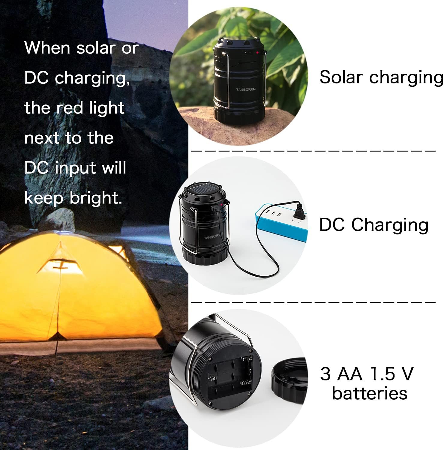4 Pack Solar USB Rechargeable 3 AA Power Brightest COB LED Camping Lantern with Magnetic Base, Charging for Android, Waterproof Collapsible Emergency LED Light - Image 3