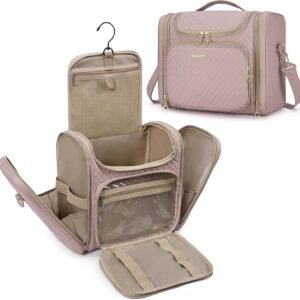 BAGSMART Travel Toiletry Bag for Women, Hanging Toiletry Bag Large Capacity Cosmetic Makeup Bag, Essentials Travel Organizer for Full Sized Toiletries and Cosmetics, Pink