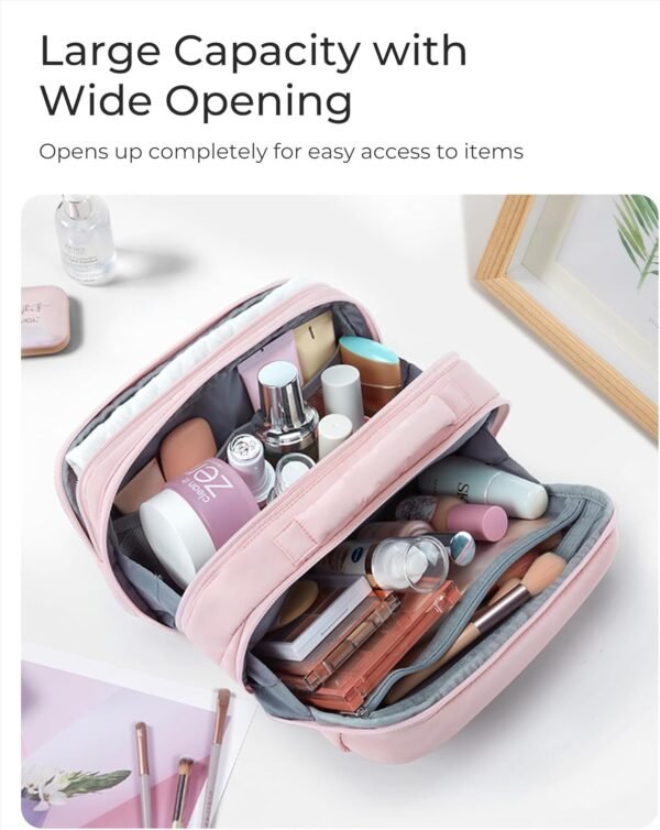 BAGSMART Toiletry Bag for Women, Travel Makeup Bag, Wide-open Portable Make Up Bag Organizer for Women for Travel Essentials Travel-Size Toiletries Accessories Bottles, Brushes, Khaki - Image 2