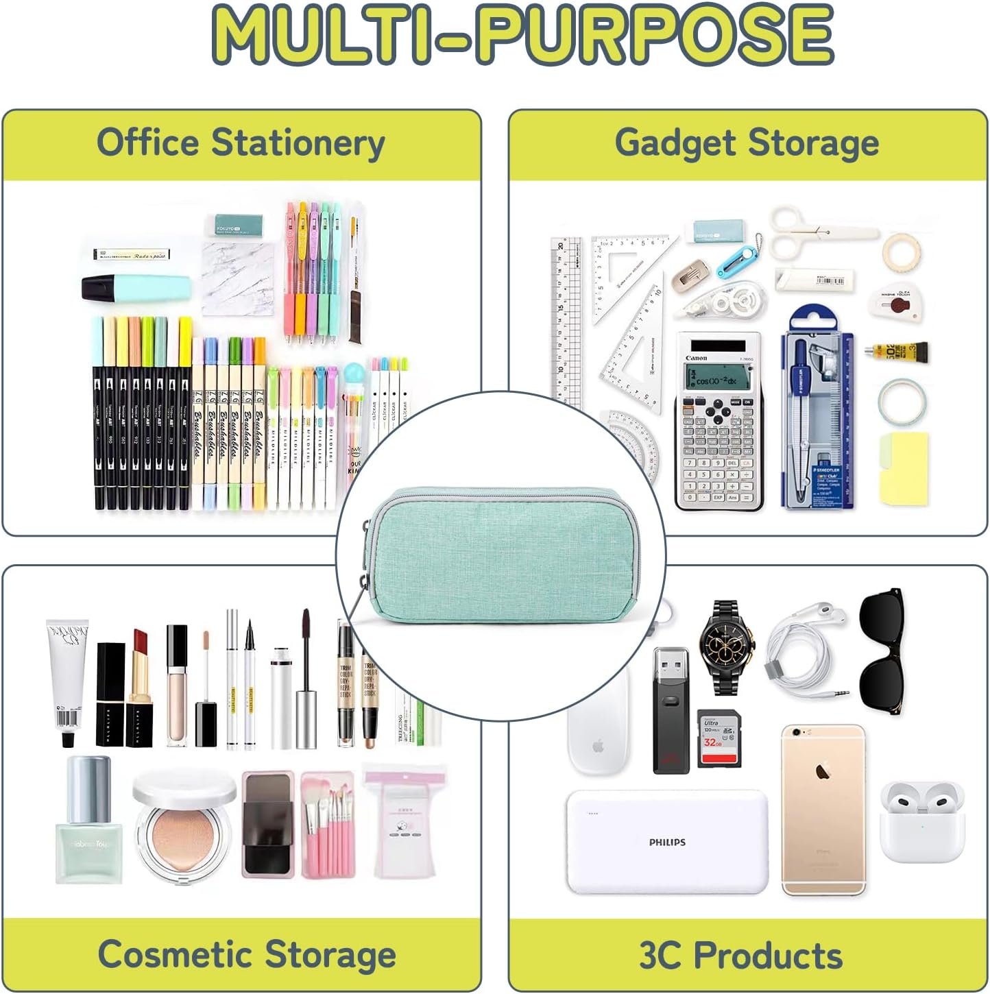 Della Gao Big Capacity Pencil Case, Durable Nylon Pencil Bag Aesthetic Pencil Pouch Travel Simple Stationery Bag Office Organizer Pen Bag for Women and Men - Green - Image 5