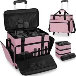 Extra Large Rolling Makeup Case with 4 Removable Pouches，Professional Make up Train Case with Wheels,Travel Cosmetic Bag for Hairstylists Nail Tech Makeup Artist with Detachable Trolley