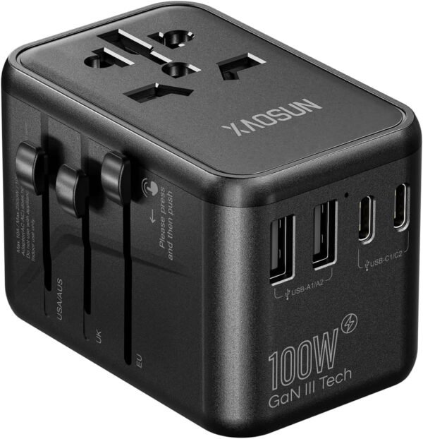 XAOSUN Universal Travel Adapter, 100W GaN Travel Plug Adapter, International Charger AC Plug Adapter 3 Type-C & 2 USB-A, Worldwide Travel for Most Europe EU US UK AU JP
