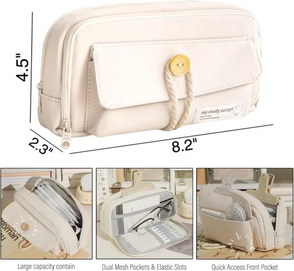 34 PCS Pencil Case Set with Large Capacity, 4-Compartment Pouch, Portable Soft Canvas, Highlighter Pens, Correction Tape, Clip, Compass Set, Easy Wash, Elegant Aesthetic Study Essentials (beige) - Image 4