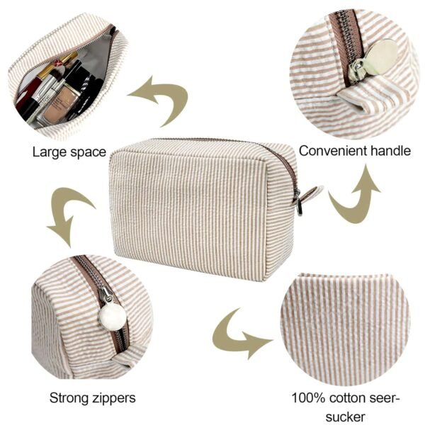 GFU Cosmetic Bags for Women, Seersucker Cosmetic Bag, Travel Toiletry Stripe Makeup Bag, Large Women Aesthetic Organizer Storage Pouch, Girls Handbags Purses, brown - Image 3