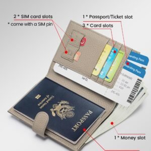 RFID Passport Holder Travel Wallet for Women, Leather Passport Cover Wallet with Card Holders SIM Slots,Zippered Coins Pocket and Cash Slot Slim Compact Travel Wallet (Eephant Grey)