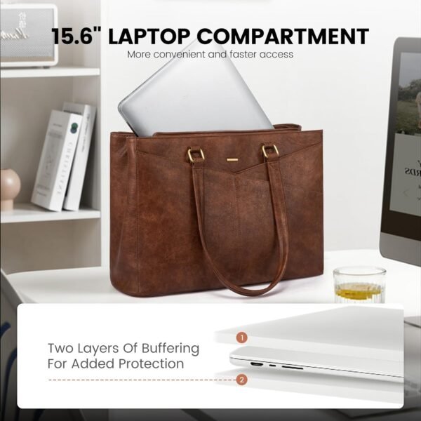 LOVEVOOK Laptop Bag for Women,17.3 Inch Laptop Tote Bag for Women,Vintage Leather Work Tote Bags Computer Business Teacher Bag,Waterproof Office Briefcase - Image 8