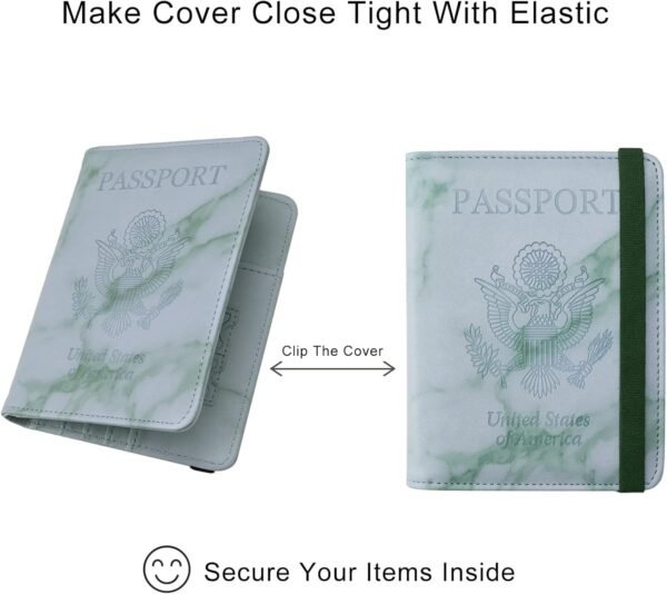 WALNEW Passport Holder for Travel, RFID Passport Cover Wallet for Women Men, PU Leather Passport Book Case with Pen Holder and Clear Photo Slot, Marble Green - Image 8
