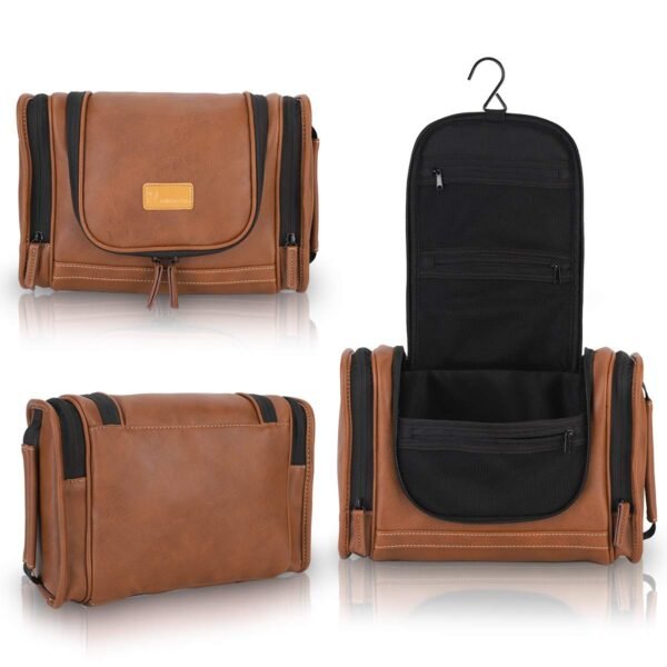 MIRASON Travel Toiletry Bag, Hanging Toiletry Bag for Men, Leather Travel Shower Bag for Toiletries Dopp Kit Bathroom Bag with Metal Hook, Gift for Men (Brown) - Image 3