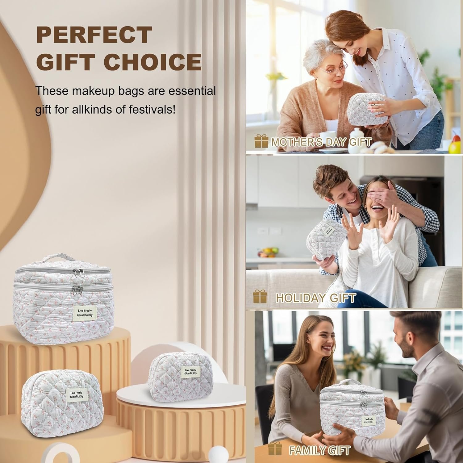 3Pcs Large Travel Quilted Makeup Bag, Double Layer Cute Floral Cotton Toiletry Bag, Aesthetic Flower Cosmetic Bag Coquette Skincare Organizer Bag for Wome (74-PinkFloral) - Image 7