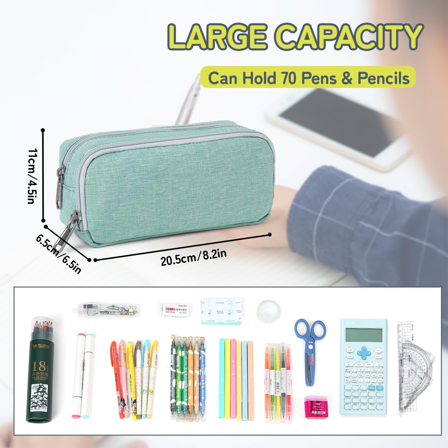 Della Gao Big Capacity Pencil Case, Durable Nylon Pencil Bag Aesthetic Pencil Pouch Travel Simple Stationery Bag Office Organizer Pen Bag for Women and Men - Green - Image 2