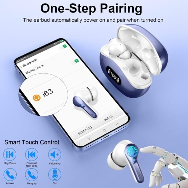 Wireless Earbuds, Bluetooth Headphones 5.3 HiFi Stereo Ear buds with ENC Noise Cancelling Mic, 40H Bluetooth Earbuds with Dual LED Display Charging Case, IP7 Waterproof Earphones for Android iOS, Blue - Image 7