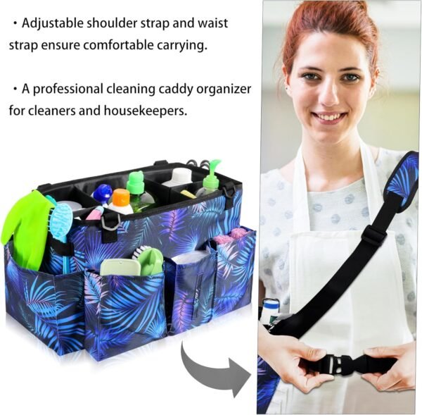 Wearable Cleaning Caddy Bag with Handle, Multi-functional Cleaning Supplies Caddy Organizer with Handle and Shoulder Strap for Car Wash, Gardening Tools, Painting/Picnic Items, Beach (Blue Leaves) - Image 5