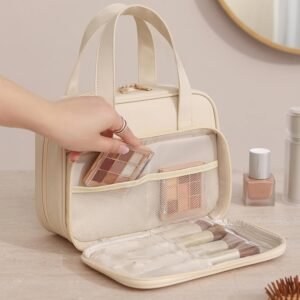Simple Large Capacity Makeup Bag, Clear PVC Toiletry Organizer With Brush Holder, Portable Wash Bag For Travel Daily U