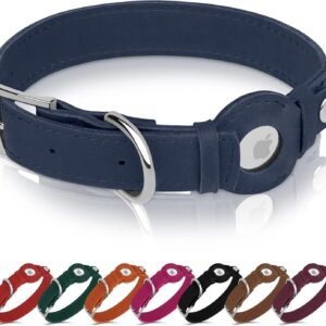 Leather Dog Collar with Airtag Holder – Apple AirTag Dog Collars – Soft Tracking Smart GPS Pet Collar for Small Medium Large Dogs Puppy (Smoky Blue, XL, 19″-24″ Neck Fit)