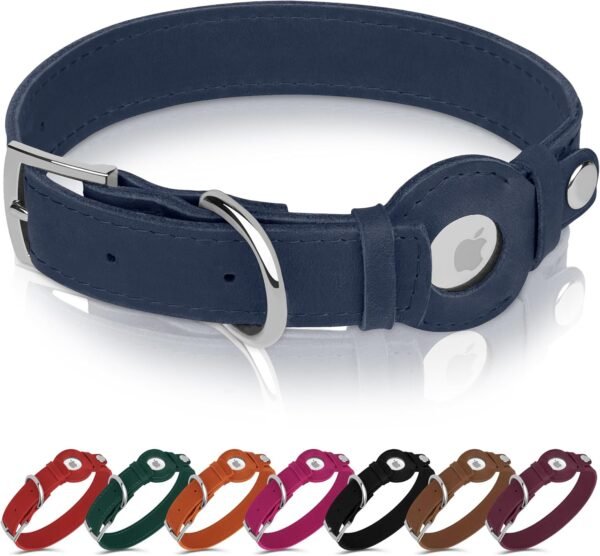 Leather Dog Collar with Airtag Holder - Apple AirTag Dog Collars - Soft Tracking Smart GPS Pet Collar for Small Medium Large Dogs Puppy (Smoky Blue, XL, 19"-24" Neck Fit)