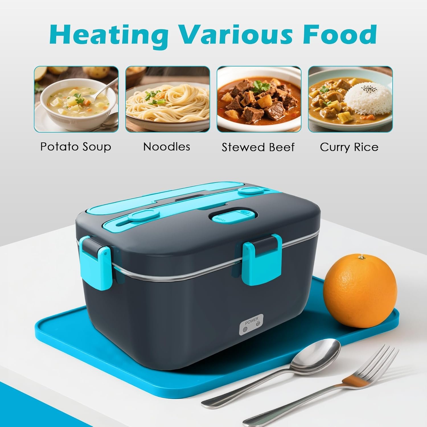 Electric-Lunch-Box-Heated-Food-Warmer 100W Heating Lunchbox for Adults 1.8L Portable Food Heater for Work/Car, 12V/24V/110-230V Lonchera Eléctrica Portátil with Fork Spoon (Gray+Blue) - Image 4